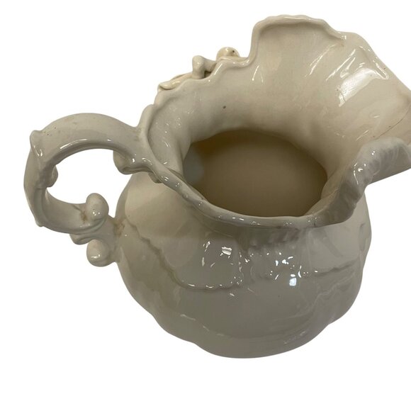 Vintage Ivory Ceramic Pitcher With Floral Accent Ornate Handle 8" x 8" Read - Picture 8 of 15